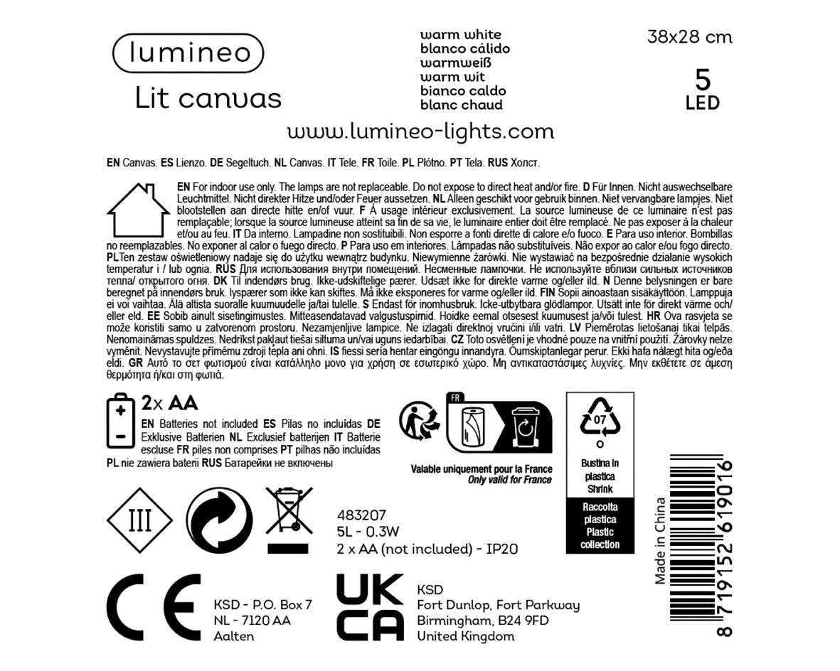 Specificatiekaart voor LED canvas met lumineo logo, 38x28 cm en CE