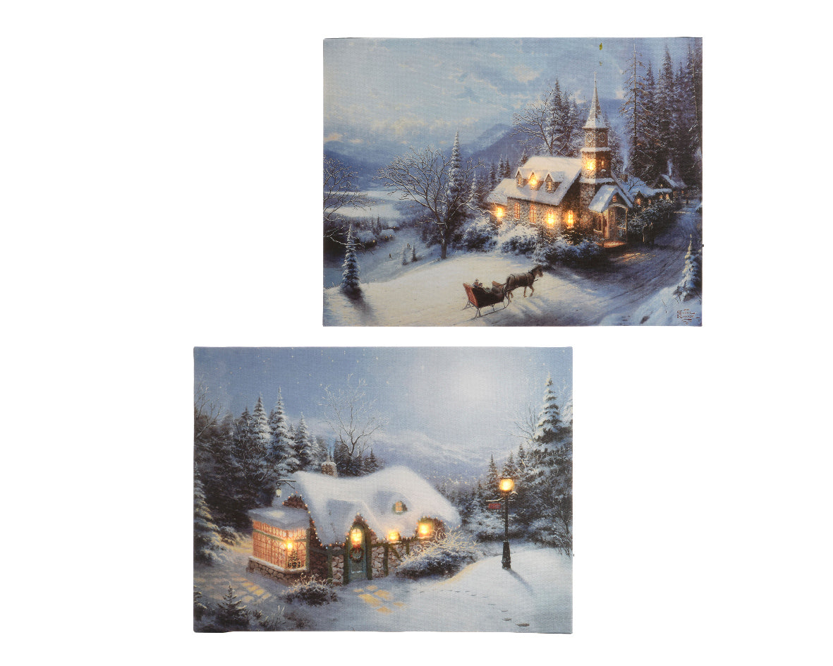 LED-canvas met winterhuisjes en kerstverlichting in sneeuw, set van 2