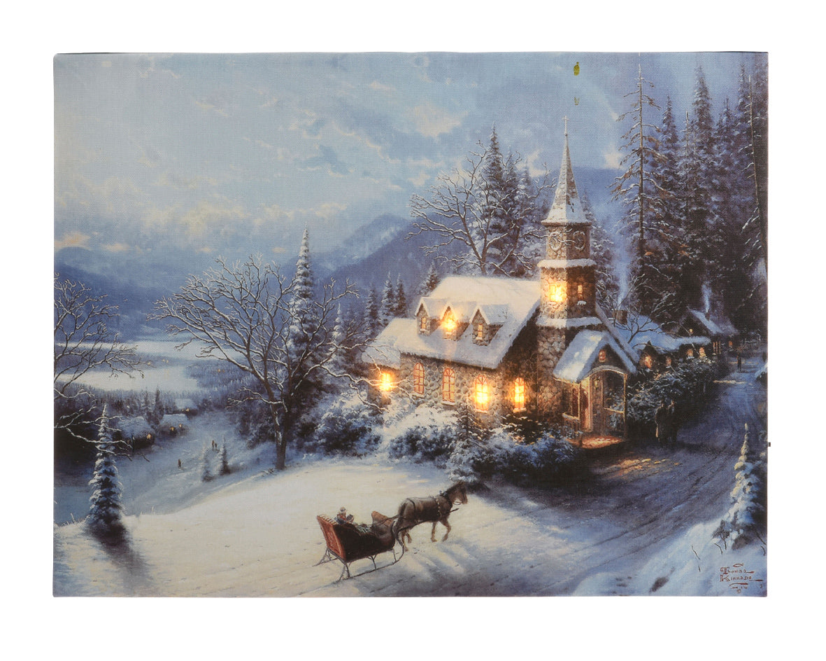 LED-canvas met sneeuwdorp, verlichte kerk en paarden op pad