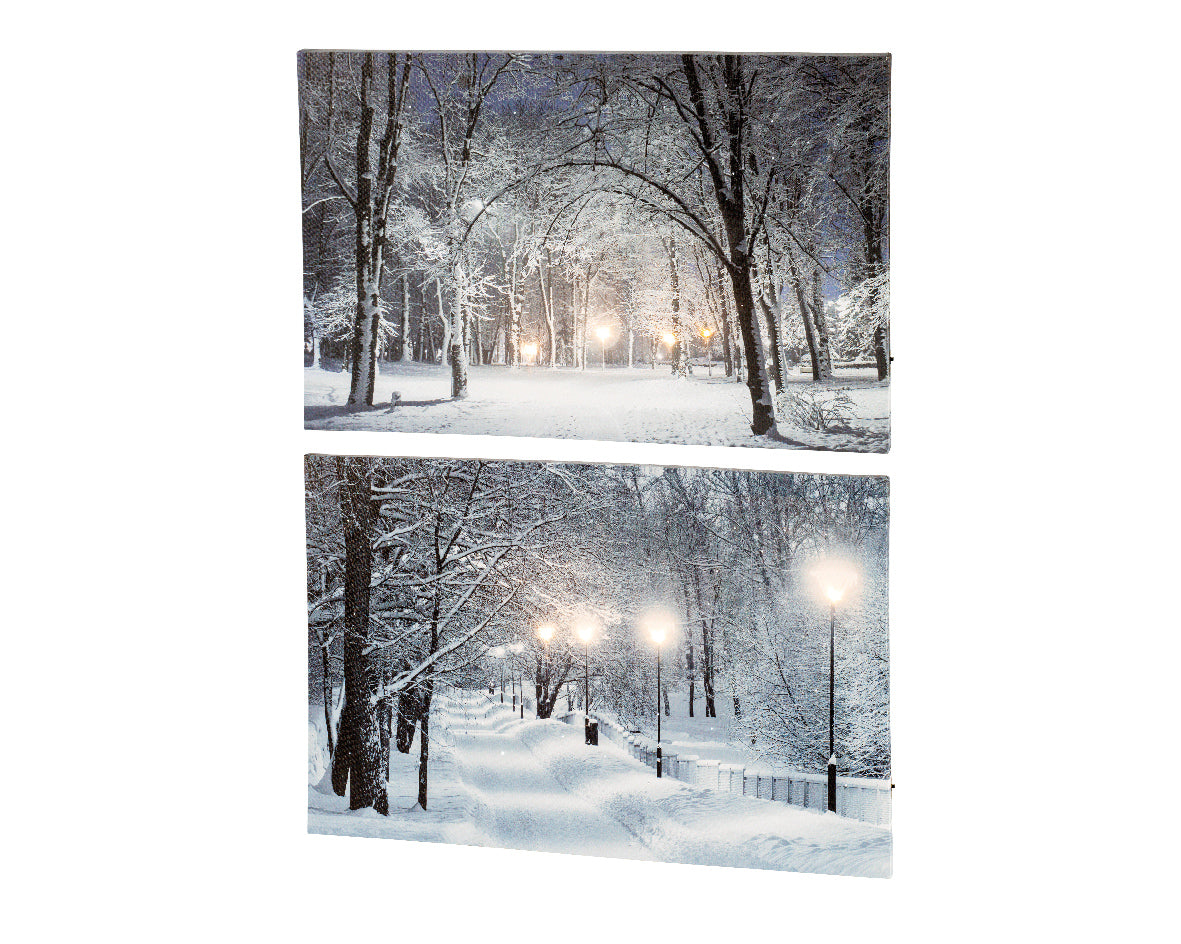 LED-canvasschilderij met winterbosprint en knipperende lichtjes, 2-delig