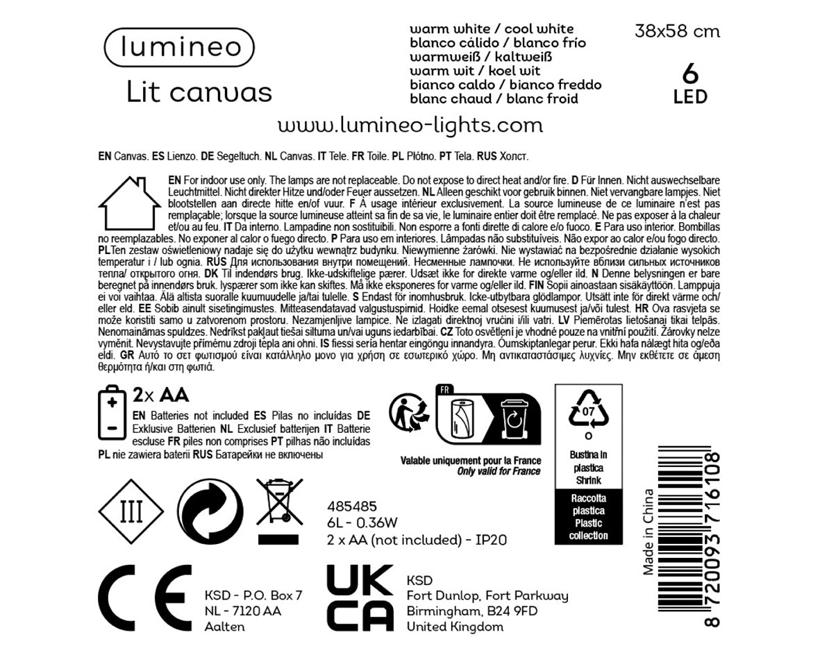 LED-canvasschilderij specificaties op verpakking: 6 LED, warmwit en koelwit
