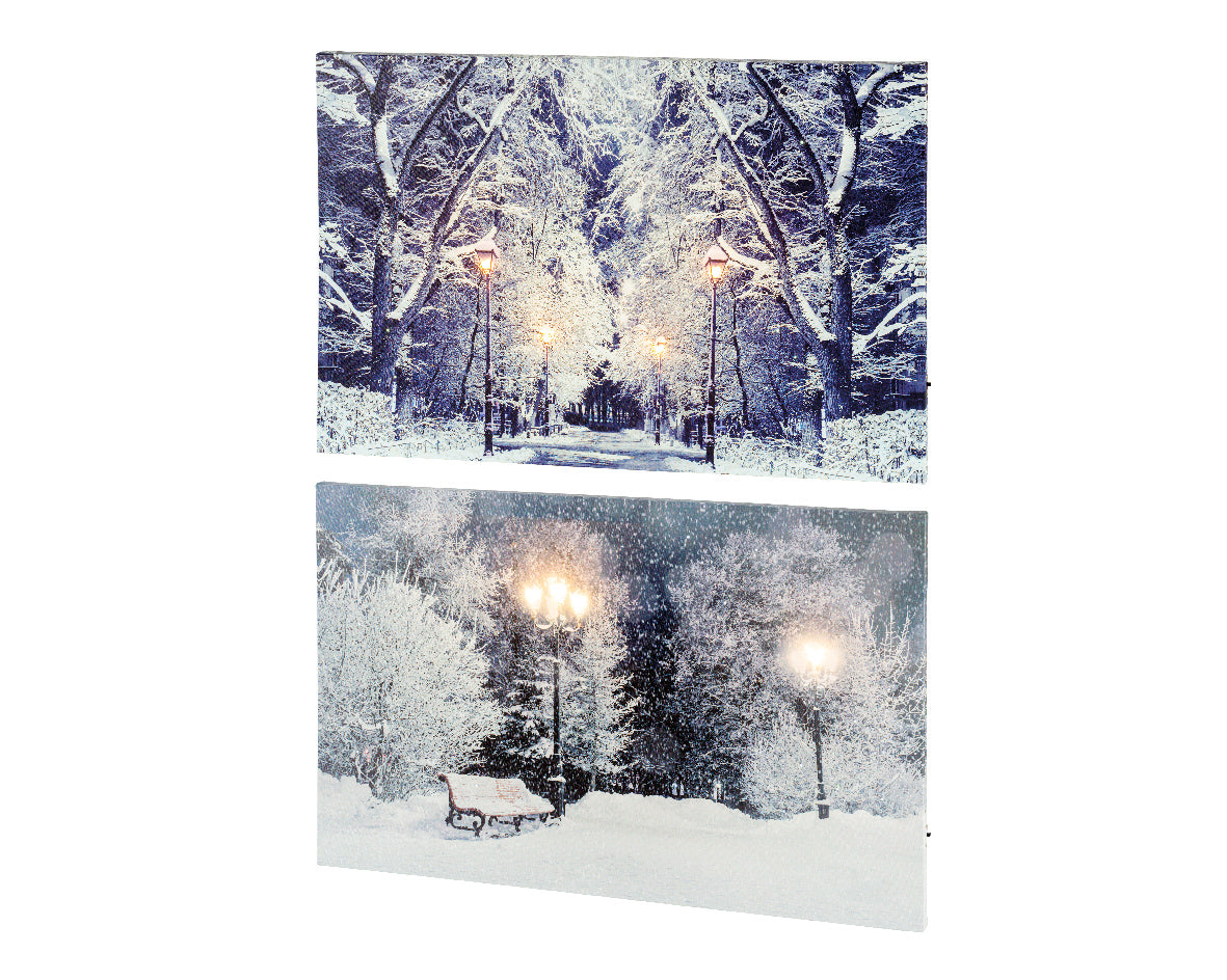 LED canvas set met knipperend licht: winterbos met lichtjes op twee doeken