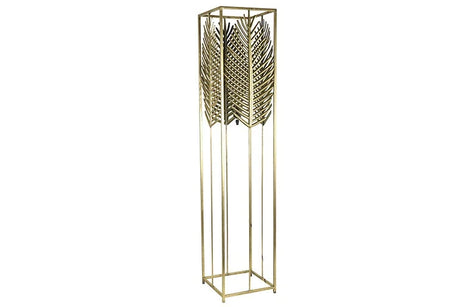 Gouden staande lamp met opengewerkte metalen kooikap en rechte pootstructuur