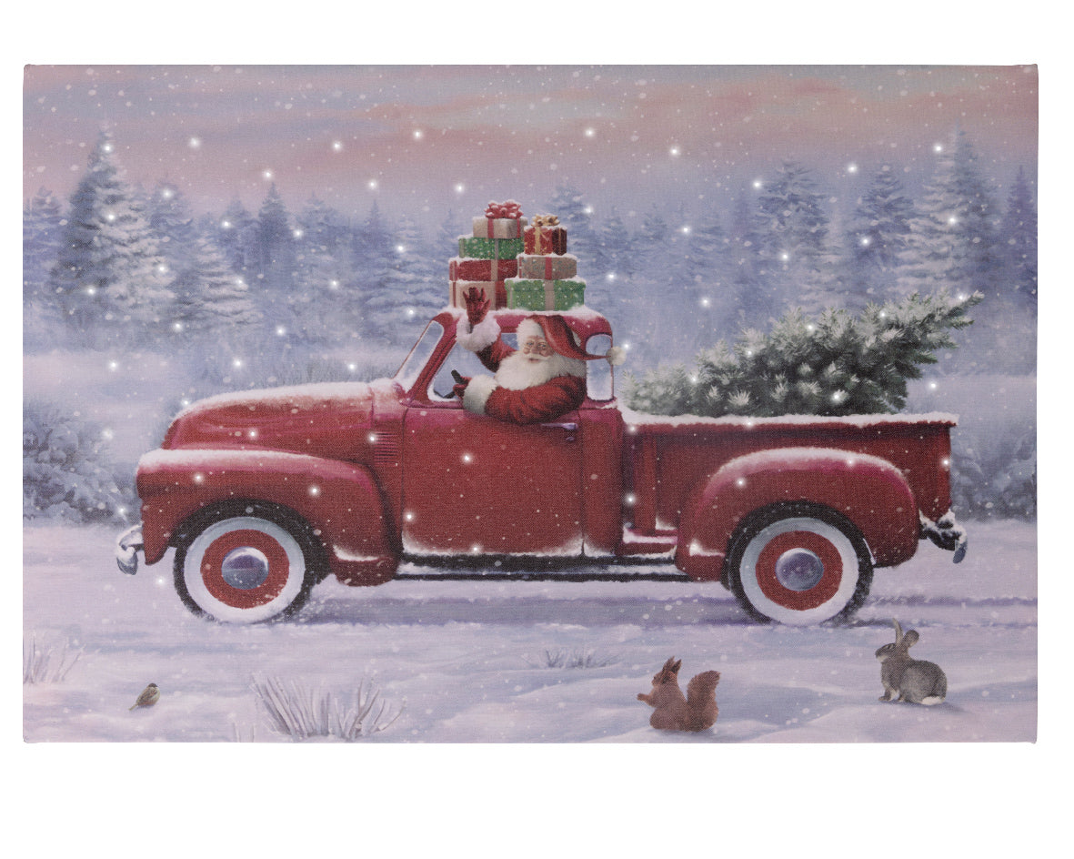 LED-canvas met rode kersttruck met cadeaupakket en sneeuwdecoratie