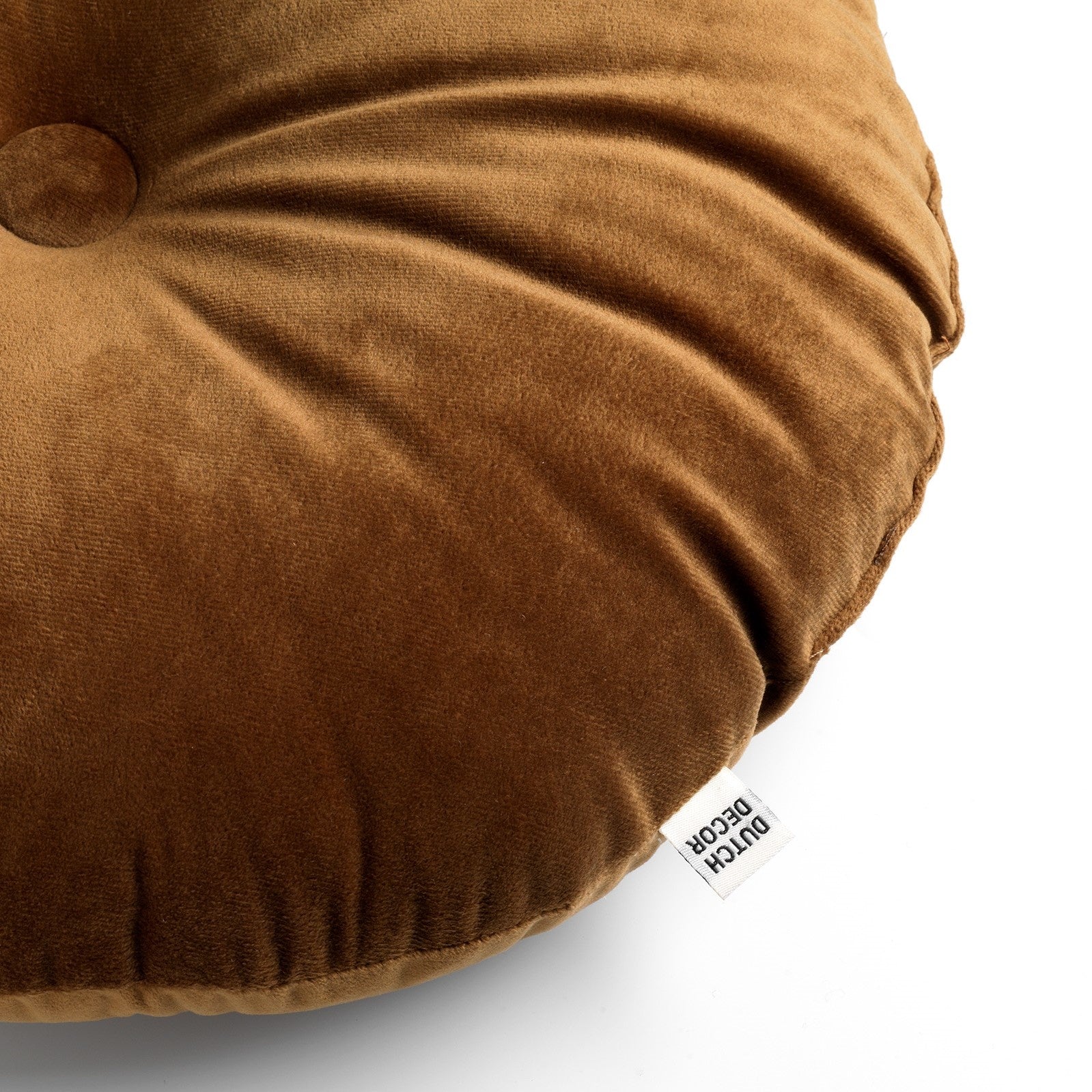Rond fluwelen sierkussen met knoopdetail en geprofileerde naden, tobacco bruin