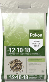 Tuinmestzak Pokon 12-10-18, met indicatie 3,75 kg en afbeelding korrels