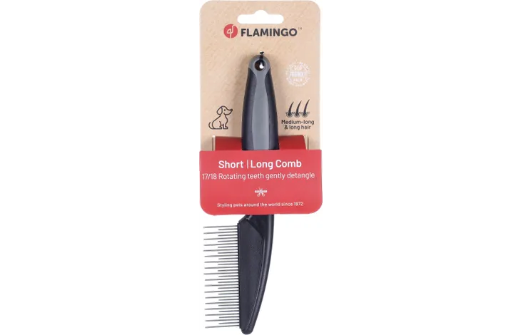 Hondenkam FLAMINGO met roterende tanden, grijs/zwart handvat