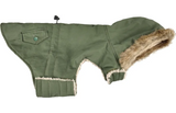 Groene hondenwinterjas met capuchon en bontkraag, knoopband bij mouw