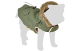 Groene winterjas voor hond met capuchon en bontkraag, koordsluiting