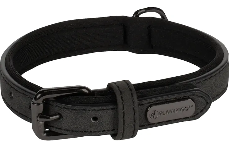 Neopreen halsband Delu zwart met metalen gesp en ring, verstelband