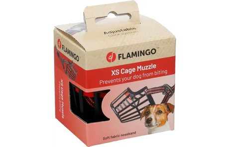 Zwarte Flamingo muilkorf Silas XS in verpakking met zachte neusband en verstelbare riem