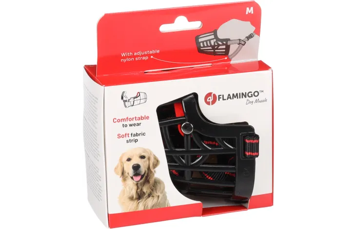Zwarte muilkorf maat M met verstelbare nylon band, kunststof kooi voor comfort.