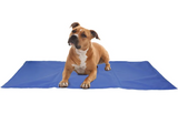 Blauwe rechthoekige koelmat met hond erop