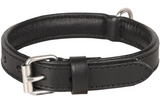 Gevoerde halsband van zwart leer met metalen gesp en D-ring