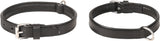 Zwart gevoerde halsband met verstelgaatjes, gespsluiting en metalen ring.
