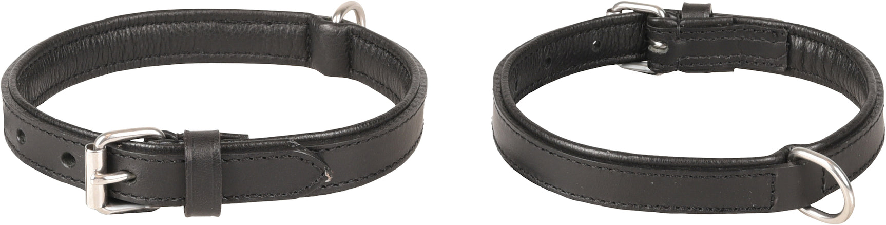 Zwart gevoerde halsband met verstelgaatjes, gespsluiting en metalen ring.