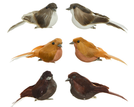 Vogel decoratie met schuimveer op knijpklem, assorti kleuren (grijs, oranje, bruin)
