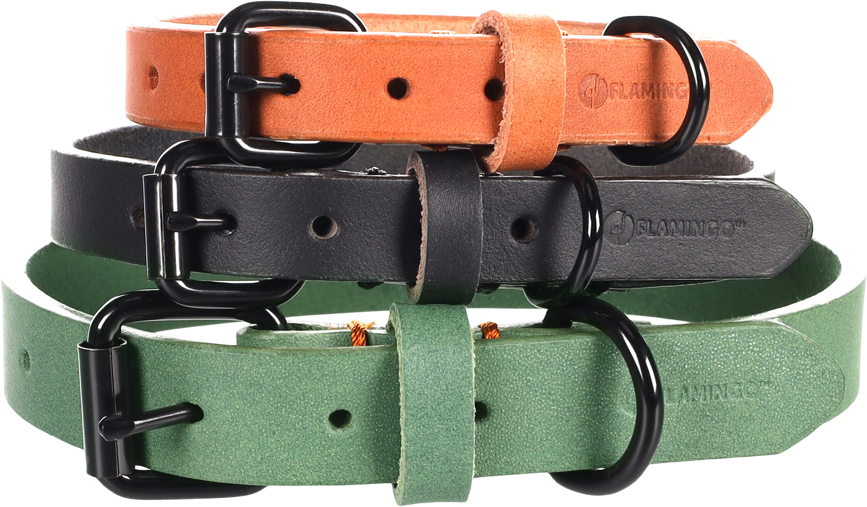 Set leren halsbanden in oranje, zwart en groen met metalen gespen