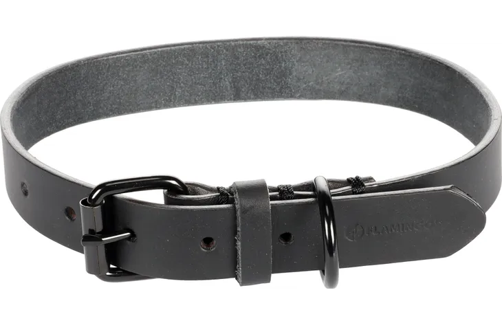 Zwarte leren halsband met gespsluiting en metalen ring, Flamingo detail zichtbaar