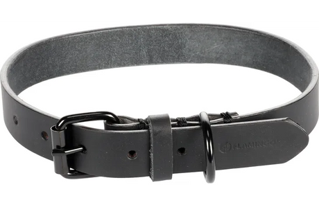 Zwarte leren halsband met gespsluiting en metalen ring, Flamingo detail zichtbaar
