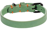 Groene hondenhalsband met oranje stiksels en zwarte gespsluiting, met verstelgaatjes.