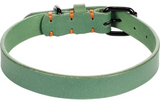 Groene halsband met gesp, oranje stiksels en metalen ringen