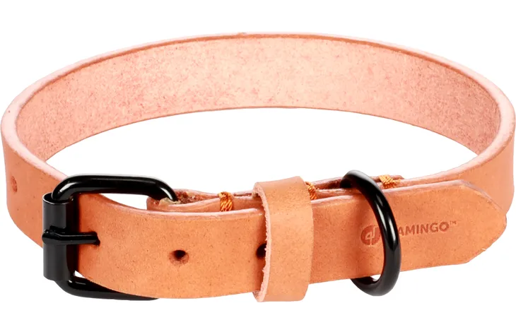 Cognac lederen halsband met zwarte gesp en Flamingo-logo