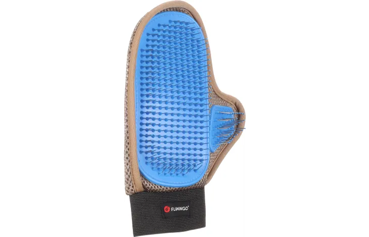 Massagehandschoen met blauwe noppen, beige rand en zwarte polsband