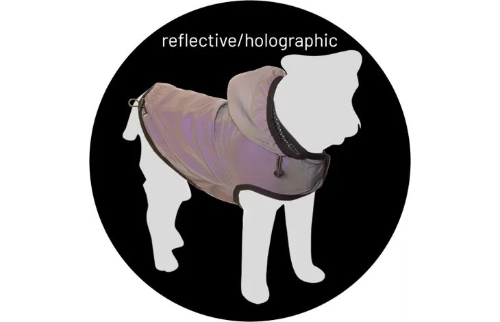 Donkergrijze hondenjas met reflecterende/holografische band langs de vacht