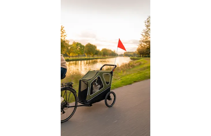 Groene fietskar op pad met opklapbare rode vlag en doorzichtige zijpanelen