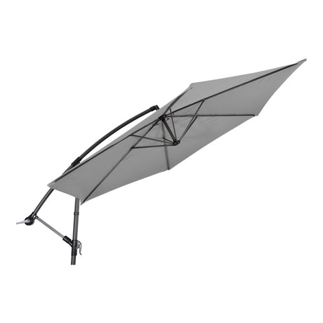 Grijze zweefparasol met open doek en zwart frame, opzij gezien
