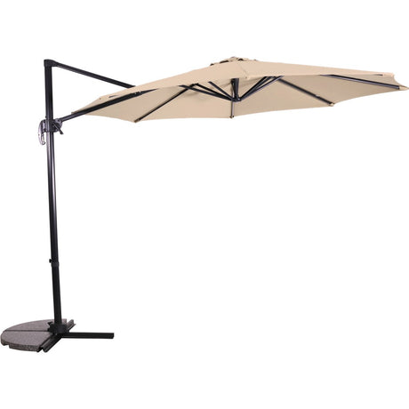 Zweefparasol met ecru doek, zwarte mast en ronde voet met steunplaat