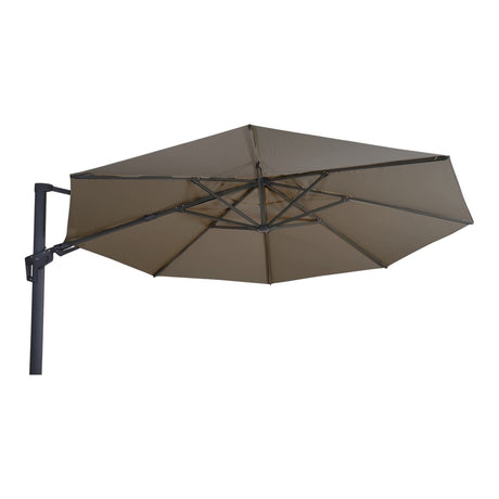 Zweefparasol met zweefarm, taupe doek en kruisbespanning in open stand