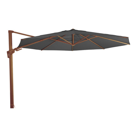Zweefparasol met houtlook frame, donkergrijze doek en oranje kruisribben
