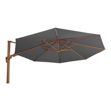 Zweefparasol met houtlook mast, donkergrijze doek en oranje ribben met kruisspanten