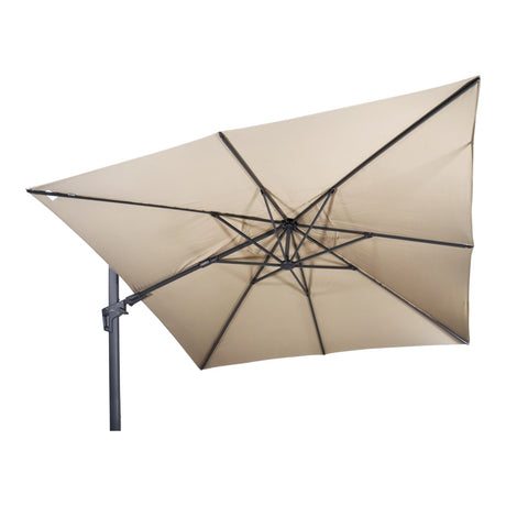 Zweefparasol, ecru dak met spandraden en metalen voet aan de paal