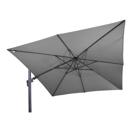 Grote grijze zweefparasol met open doek en kruisframe, op staander