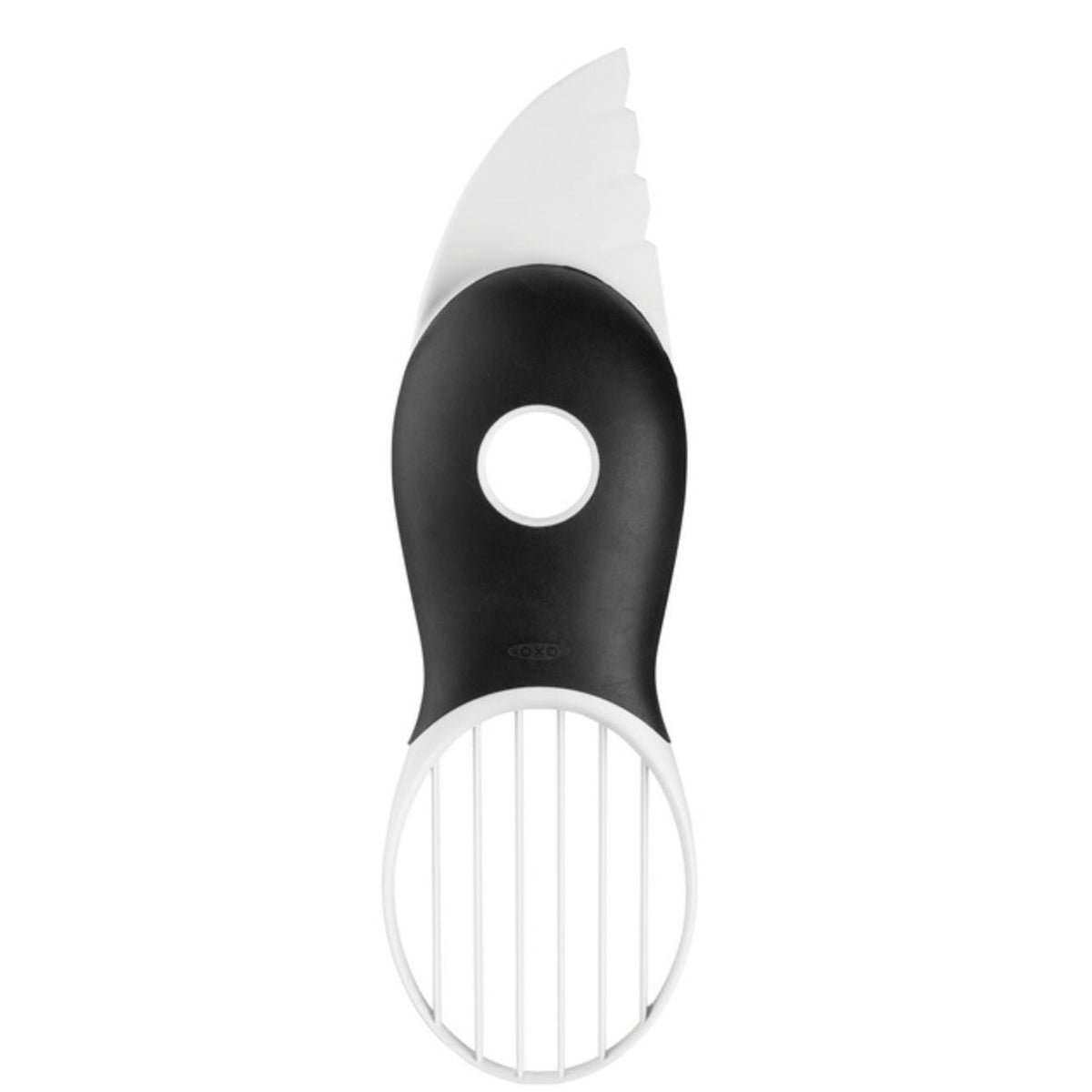 Avocadosnijder 3-in-1 met zwart handvat en witte snij-opzet.