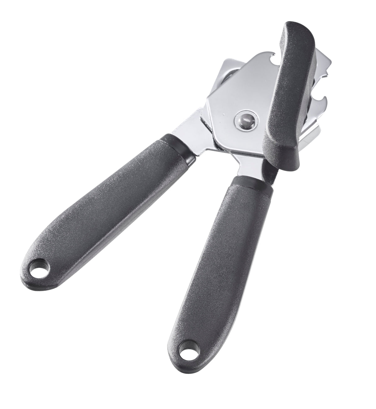 Blikopener met grijze handgrepen en metalen openkop, bedoeld voor blikken