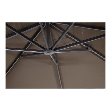 Onderkant van taupe zweefparasol met stalen steun en bespanning