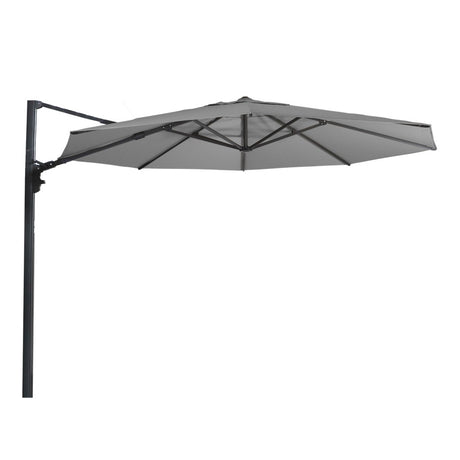 Grijze zweefparasol met open doek en metalen arm