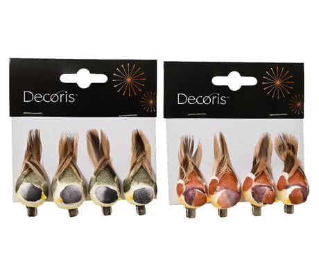 Decoris assortiment vogelveren op clips, 8 stuks op kaart met knijpers