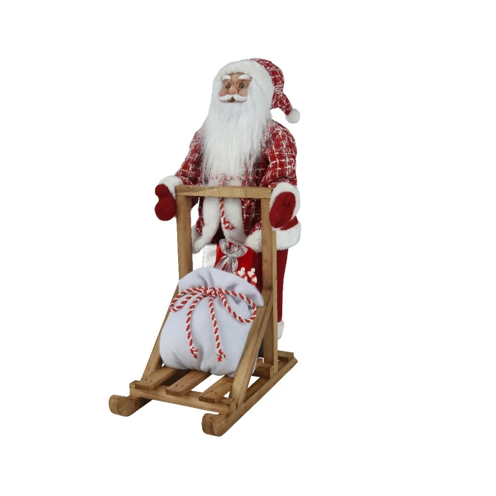 Rode kerstman met slee: witte baard, rode ruitjas en houten slee met decoratie