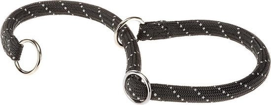 Sliphalsband van zwart nylon met reflecterende stippen en metalen ringen.