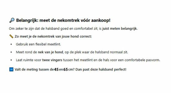 Meetinstructies op tekst: halsbandlengte 45–65 cm