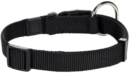 Zwarte nylon halsband met gespsluiting en metalen D-ring
