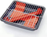 Binnenzijde barbecue met metalen rooster en rode warmteplaten in zwarte kuip