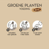 Groene plantenvoeding bio, gebruiksstappen: schudden, 1/4 dop per liter, 1x per week