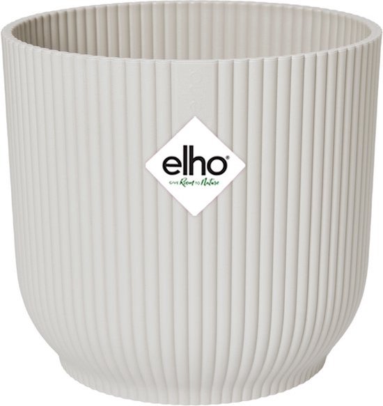 Ronde Elho plantenbak, geribd en silky white, met Elho-logo