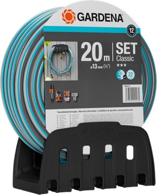 GARDENA muurhouder met opgerolde tuinslang en setverpakking, zwart en blauw